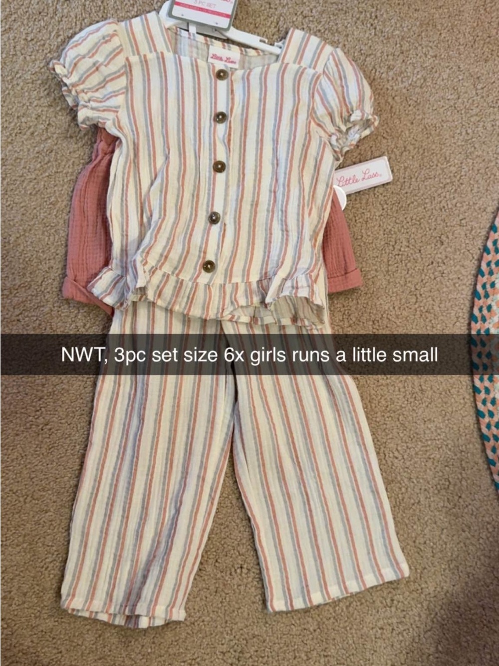 Little Lass Striped Button-Front Girls Two-Piece Set in Cream & Pink